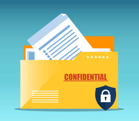 Vector of a yellow folder with confidential documents. Data protection conceptのイラスト素材