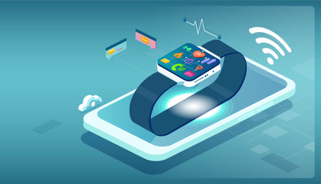 Vector of a smartphone with wearable device smart watch on top of itのイラスト素材