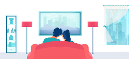 Vector of a young couple sitting on the couch and watching tv in their apartmentのイラスト素材