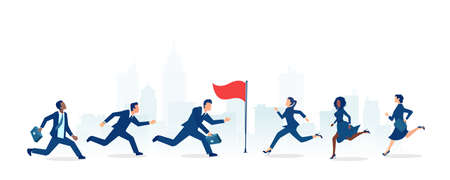 Vector of a group of businessmen and businesswomen running towards the career goal, competingのイラスト素材