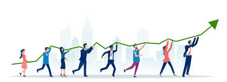 Vector of a group of people lifting up a financial graph and arrow on a city backgroundのイラスト素材