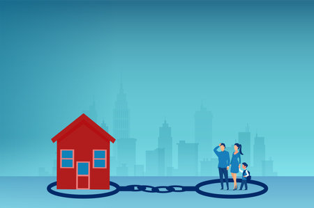 Vector of a young family chained to a house burdened by mortgage paymentのイラスト素材
