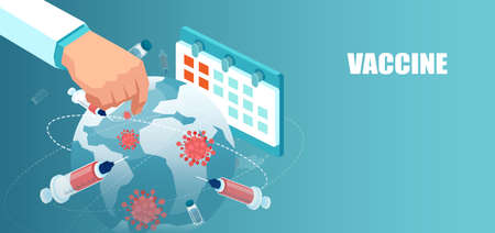 Vector of a doctor distributing coronavirus vaccine around the globeのイラスト素材