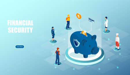 Vector of a group of people of different occupations standing around a piggy bankのイラスト素材