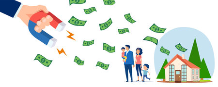 Vector of a big businessman hand with magnet attracting money from a family homeのイラスト素材