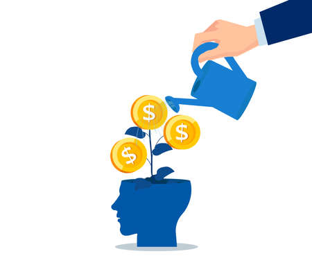Vector of a businessman hand watering a money tree growing inside an investor headのイラスト素材