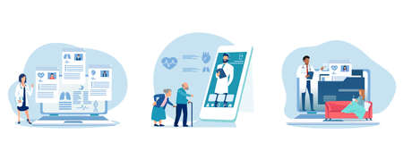 Online medical services illustration set. Doctors giving online consultations to patientsのイラスト素材