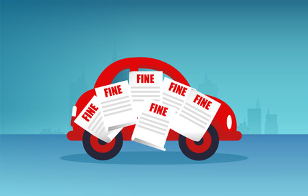 Vector of a car with multiple traffic tickets on a cityscape backgroundのイラスト素材