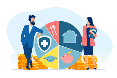 Income and expense management concept. Vector of a young family planning monthly spending and budgetのイラスト素材
