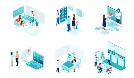 Isometric vector set of health care professionals doctors and nurses providing medical services to patientsのイラスト素材