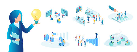 Isometric vector set for business idea, team work, corporate growth, job recruitment and financial successのイラスト素材