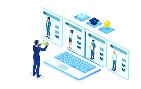 Vector of a recruiter reviewing cv of online applications for a job openingのイラスト素材