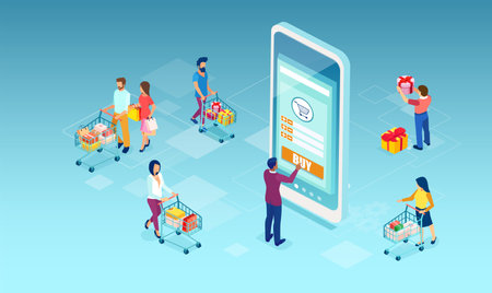 Isometric vector of people shopping online using mobile app technologyのイラスト素材