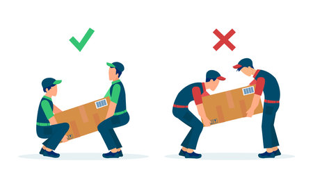Objects lifting technique concept. Vector of movers workers load heavy boxes safety with correct body ergonomic positions vs wrong postureのイラスト素材