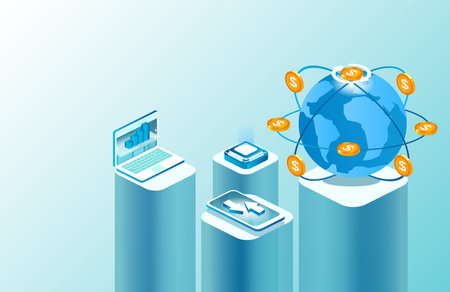 Isometric vector money exchange, global banking, credit, online financial tools, market data analysis conceptのイラスト素材