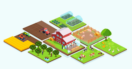 Isometric vector of an agricultural farm buildings, barn, orchard, grain harvest, animals and...