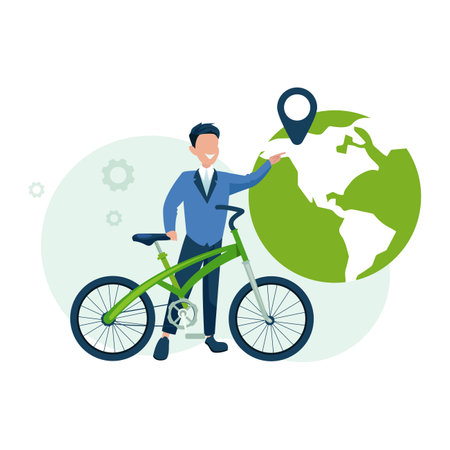 Clean transportation and ecology concept. Vector of a man with a bicycle on a background of the earth planetのイラスト素材
