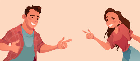Vector of a funny looking young woman and a man joking with each other, laughingのイラスト素材
