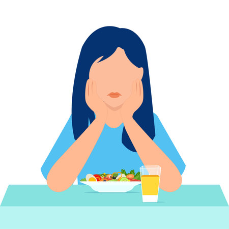 Vector of a sad young woman with no appetite for a new diet foodのイラスト素材