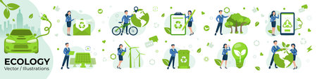 Ecology, green energy, electric transportation and sustainable consumption concept, vector set