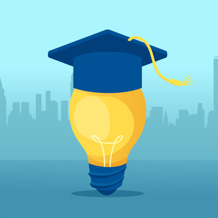 Vector of a bright light bulb with a graduation cap on top on cityscape backgroundのイラスト素材