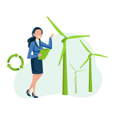 Vector of a business woman offering green energy solution wind millsのイラスト素材
