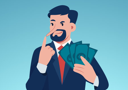 Financial fraud concept. Vector of a liar businessman with dollar cashのイラスト素材