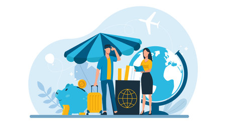 Vector of a young man and a woman with passports and airline tickets ready for a safe journeyのイラスト素材