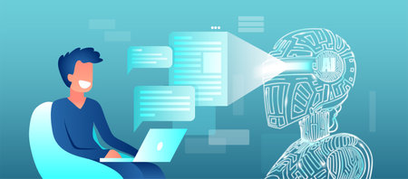 Interaction of a man and artificial intelligence conceptのイラスト素材