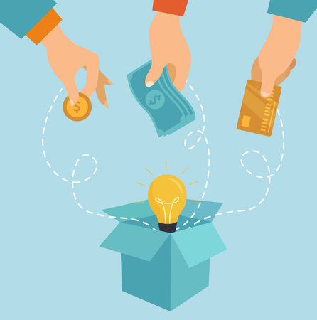 Crowdfunding and donation concept. Vector of a group of people funding new idea, project by donating, investing moneyのイラスト素材