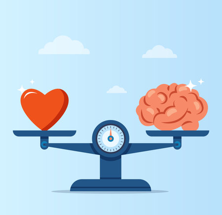 Vector of a heart and a human brain on scales. Concept of emotional intelligence, balance of feelings and  intelligence, logicのイラスト素材