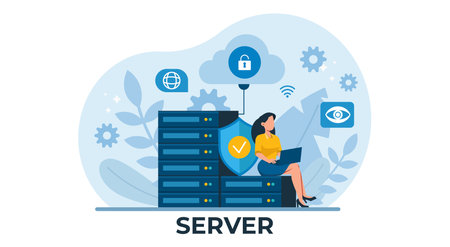 Vector of a young woman using laptop computer and secure server connectionのイラスト素材