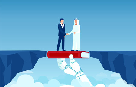Vector of a robot hand bridging a gap with a book connecting west and east parts of the world, two businessmen shaking handsのイラスト素材