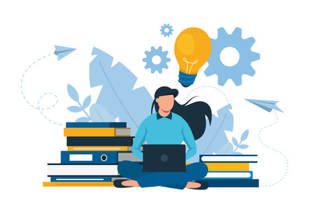vector of a young woman working on computer, studyingのイラスト素材