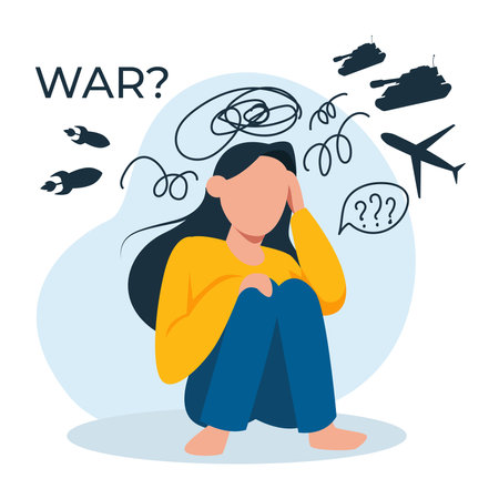 Vector of a stressed anxious young woman from a war zoneのイラスト素材