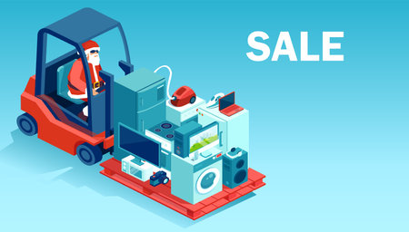 Holiday season sales concept. Vector of a cool Santa making a delivery of electronics merchandiseのイラスト素材