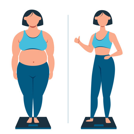 Weight loss and exercise concept. Vector of a young woman successfully loosing weightのイラスト素材