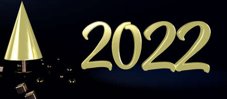 3d image, New Year banner with decoration. 2022 golden fir tree geometric shapes blue background For Christmas and winter holiday headers, party flyers.の写真素材