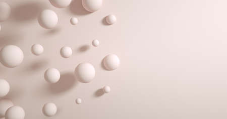 Abstract beige background with dynamic 3d spheres. white and brown balloons on a beige background. Modern trendy banner or poster design 3D image, copy space.の写真素材