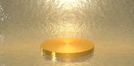 3D image, gold podium background for product demonstration. Empty showcase mockup with empty round stage, geometric platform.の写真素材