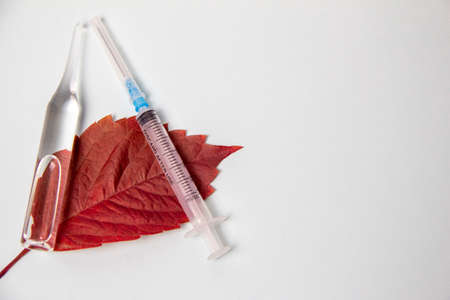 Syringe and ampoule with medicine lying on red wood sheet on white backgroundの写真素材