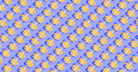 pattern of gift boxes, blue boxes on a blue ite background, 3D image seamless pattern for fabric, paper packaging.の写真素材