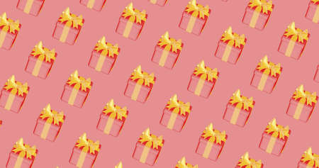 pattern of gift boxes, red boxes on a pink background, 3D imageseamless pattern for fabric, paper packaging.の写真素材