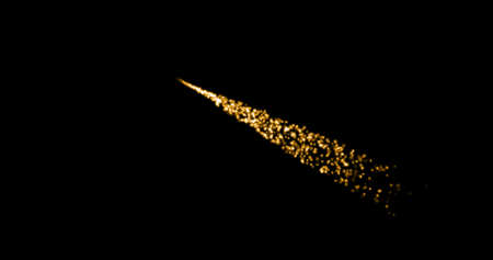gold, yellow, sparkling snowflakes move along a smooth line on a black background 3D. winter, snowflake, holiday snowflakes. template for editing. blend mode.の写真素材