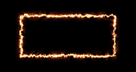 Fiery yellow red rectangle on a black background. Abstract rectangle, sun flame frame. 3d image Gradually, a burning square of fire appeared and a constant burning in a rectangle.の写真素材