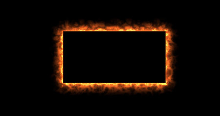 Fiery yellow red rectangle on a black background. Abstract rectangle, sun flame frame. Gradually, a burning square of fire appeared and a constant burning in a rectangle.の写真素材