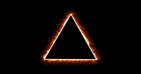 Fire triangle on a black background. Abstract hot triangle, flame frame. Gradually, a burning triangle of fire and constant burning appeared. portal, design element with effect, footageの写真素材