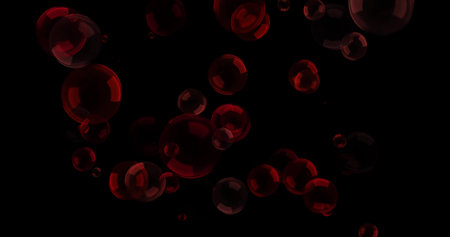 red balls and circles, water microbes and microorganisms, medicine and biology, blood microscope close-up. 3D rendering. blend mode, black background.の写真素材