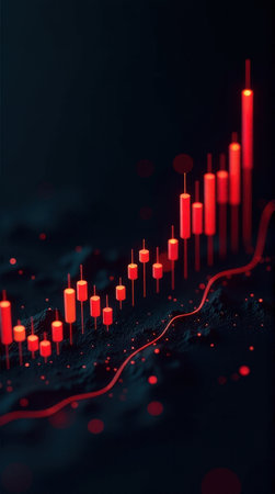 Red financial stock market graph with rising and falling trends.の素材