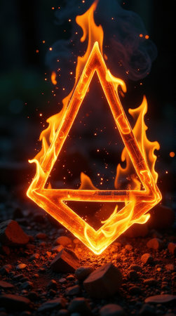 Glowing fiery ember with illuminated flames in dark setting.の素材